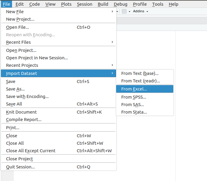 Opção do menu do RStudio para realizar a importação de dados do Excel.