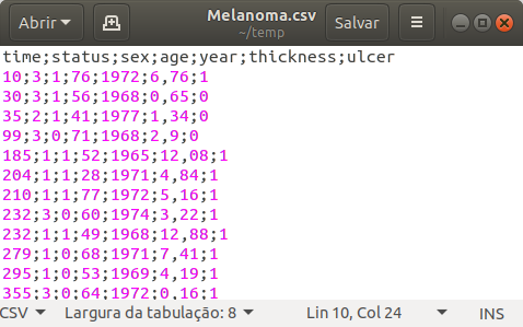 Arquivo Melanoma.csv gerado a partir do arquivo do Excel mostrado na figura 4.1.