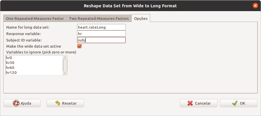 Aba Opções da configuração da transformação de heart.rateWide para o formato longo.