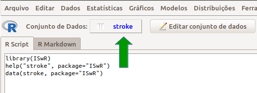 Tela do R commander após o carregamento do conjunto de dados stroke. Observem a função que foi executada – data(stroke, package="ISwR") – e o nome do conjunto selecionado (seta verde).