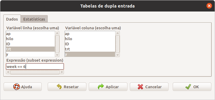 Selecionando as duas variáveis para o teste qui ao quadrado para uma tabela r x c e os registros que serão incluídos na análise.