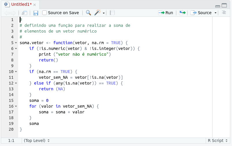 Código da função soma.vetor na janela de edição de arquivos do RStudio.