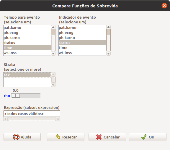 Tela para configurar as variáveis que serão utilizadas para realizar o teste log-rank para comparar as curvas de sobrevida para diferentes estratos.