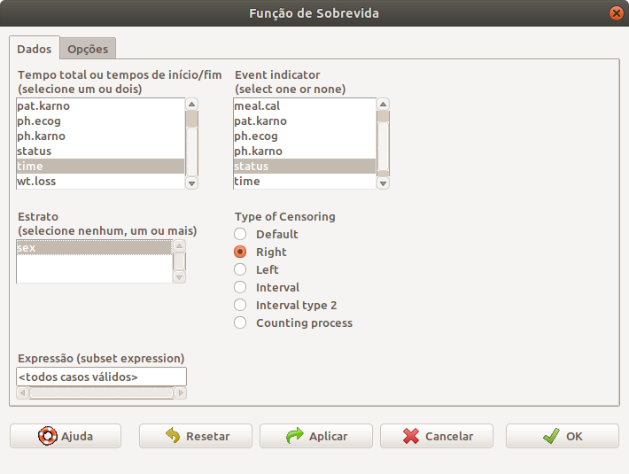 Tela para configurar as variáveis que serão utilizadas para construir a curva de sobrevida para diferentes estratos.