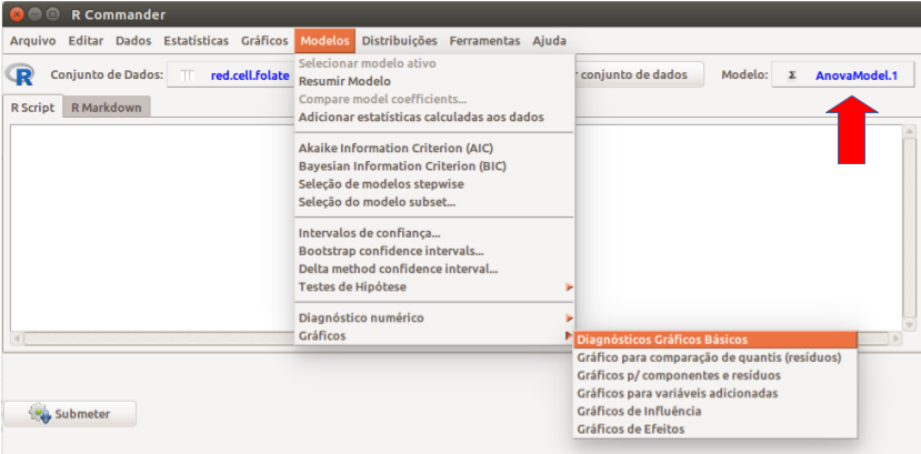 Menu do R Commander para selecionar os diagnósticos gráficos básicos para a análise de variância.