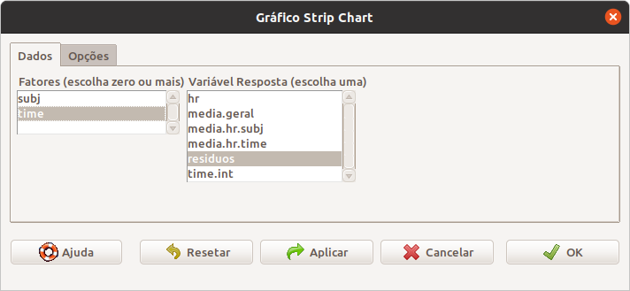 Seleção da variável para a construção do gráfico de strip chart e da variável de agrupamento.