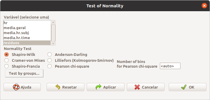 Seleção da variável e do teste de normalidade que será realizado.