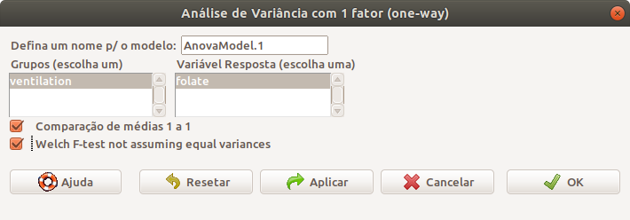 Seleção da variável que define os grupos e da variável resposta para uma análise de variância, supondo que as variâncias sejam diferentes nos diferentes grupos.