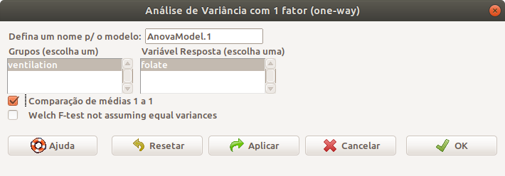 Seleção da variável que define os grupos e da variável resposta. Foi selecionada a opção para realizar a comparação de todos os pares de médias.