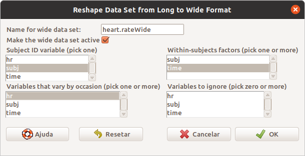 Diálogo para converter um data.frame do formato longo para o formato largo.