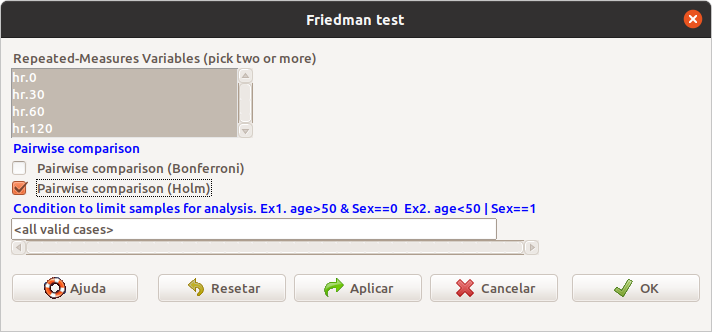 Seleção das variáveis que serão analisadas pelo teste de Friedman.