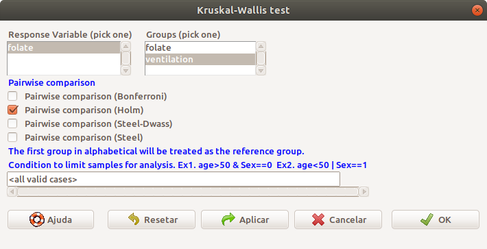 Seleção da variável que define os grupos e da variável resposta para o teste de Kruskal-Wallis.