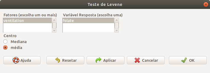 Configuração das variáveis para o teste de Levene para a comparação das variâncias da variável ácido fólico para os diversos métodos de ventilação.