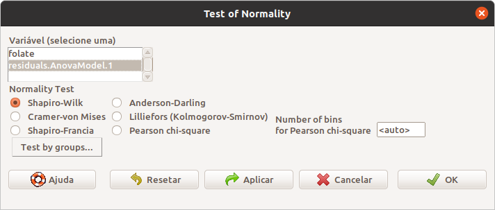 Seleção da variável e do teste de normalidade que será realizado.