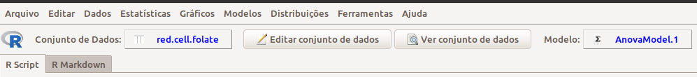 R Commander com o modelo Anova.1 selecionado.