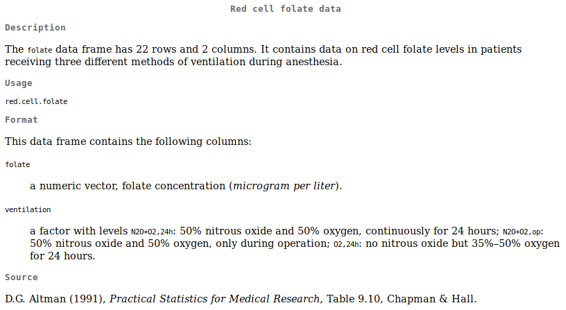Descrição das variáveis que compõem o conjunto de dados red.cell.follate.