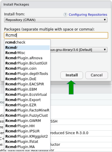 Para instalar o R Commander, digitamos Rcmdr na caixa de texto Packages e, em seguida, clicamos no botão Install (seta verde).