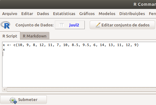 Comando para exibir o conteúdo da variável x no R Commander.