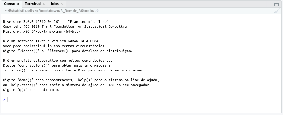 Console do RStudio com o prompt (>) e o cursor aguardando a digitação de um comando.