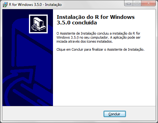 Tela de encerramento da instalação do R no Windows.