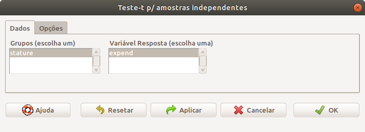 Seleção das variáveis de resposta e da variável que define os grupos. O conjunto de dados energy somente tem uma variável como fator e uma variável quantitativa como resposta.