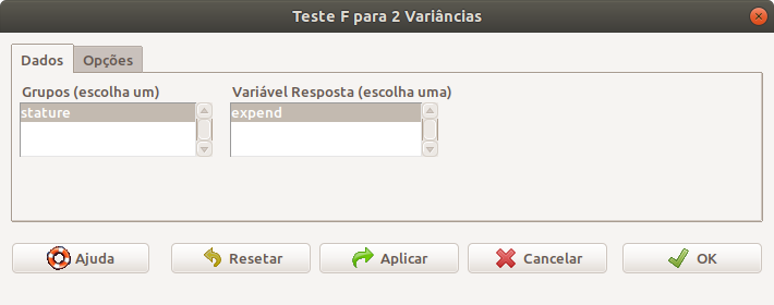 Seleção das variáveis de resposta e da variável que define os grupos. O conjunto de dados energy somente tem uma variável como fator e uma variável quantitativa como resposta.