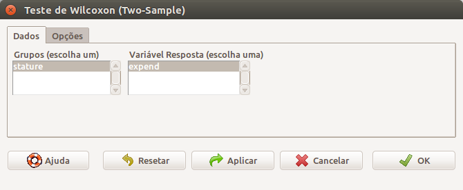 Seleção das variáveis de resposta e da variável que define os grupos.