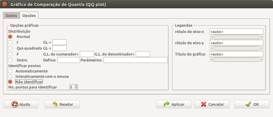 Caixa de diálogo de opções do gráfico de comparação de quantis.