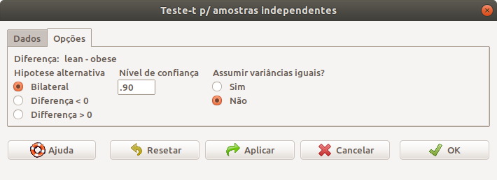 Definindo o tipo de teste, o nível de confiança e especificando que as variâncias são diferentes