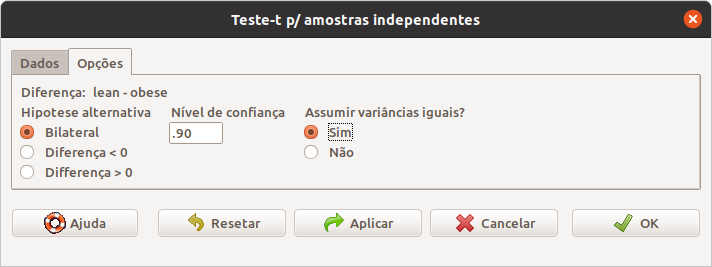 Definindo o tipo de teste, o nível de confiança e especificando que as variâncias são iguais.