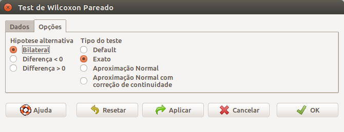 Definindo as opções do teste de Wilcoxon para amostras pareadas. Observem que não é possível especificar o nível de confiança nessa caixa de diálogo.