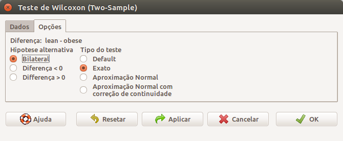 Definindo as opções para o teste de Wilcoxon para duas amostras. Observem que não é possível especificar o nível de confiança nessa caixa de diálogo.