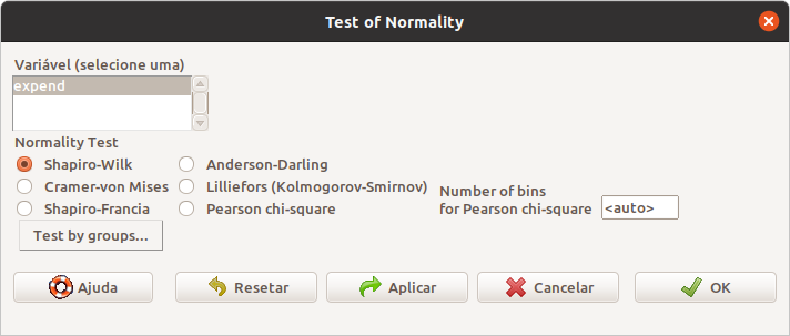 Caixa de diálogo para selecionar a variável cuja normalidade será testada, o teste a ser realizado e, eventualmente a variável de agrupamento.