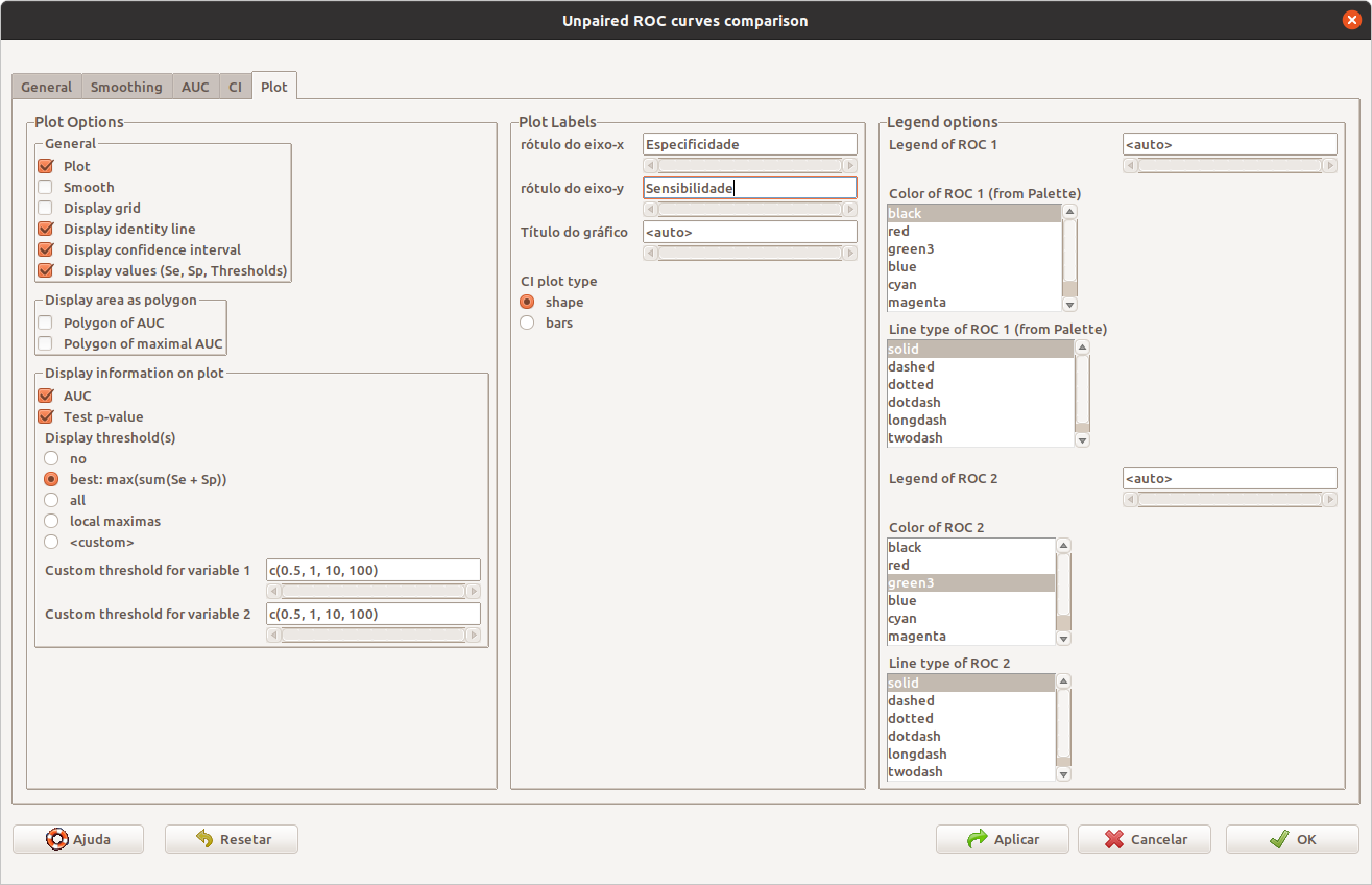 Configurações de plotagem para a construção de duas curvas ROC, relacionando duas variáveis numéricas com uma doença.