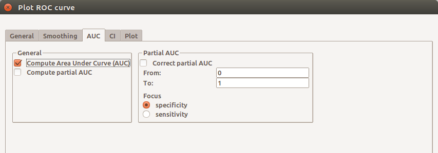 Diálogo para configurar a curva ROC: cálculo da área sob a curva ROC. Não iremos mexer nestas configurações.