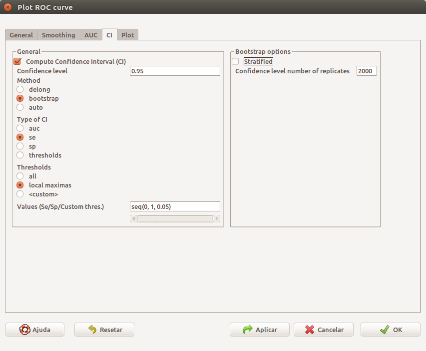 Diálogo para configurar a curva ROC: exibição dos intervalos de confiança.