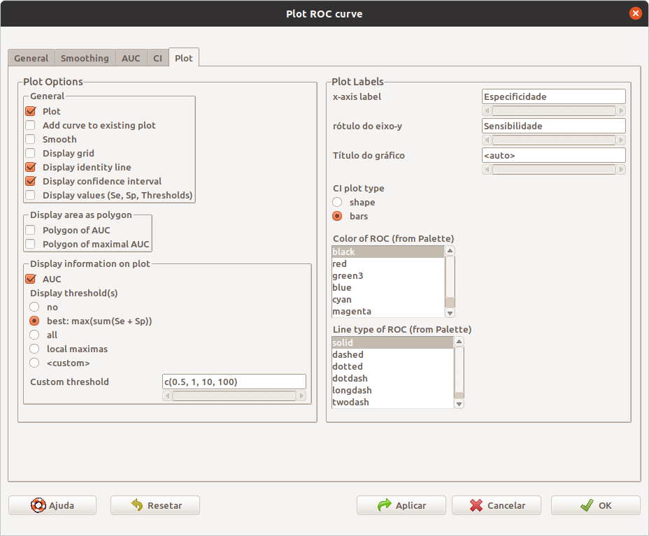 Diálogo para configurar a curva ROC: configuração do que será plotado.