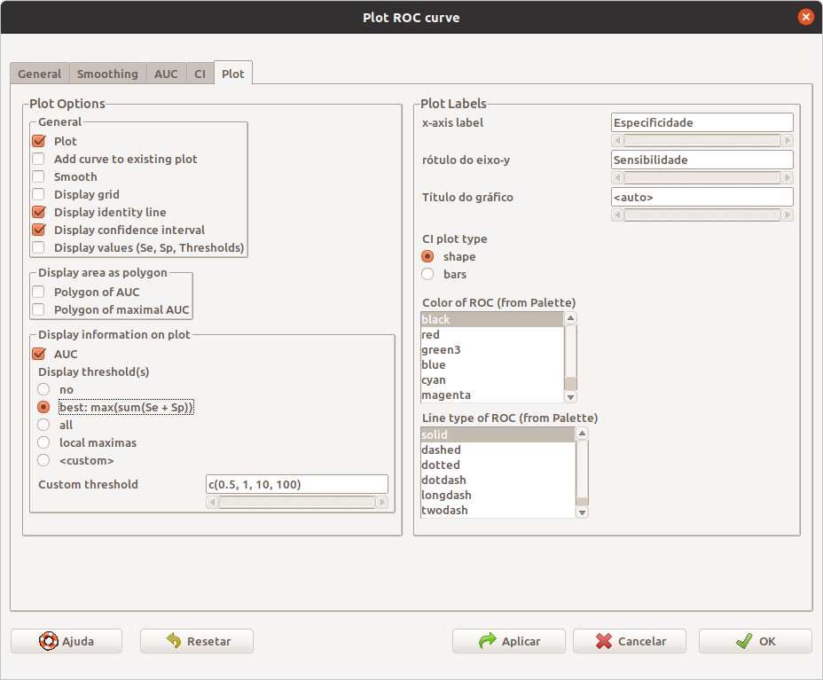 Diálogo para configurar a curva ROC: configuração do que será plotado. Agora vamos selecionar a opção shape em CI plot type.