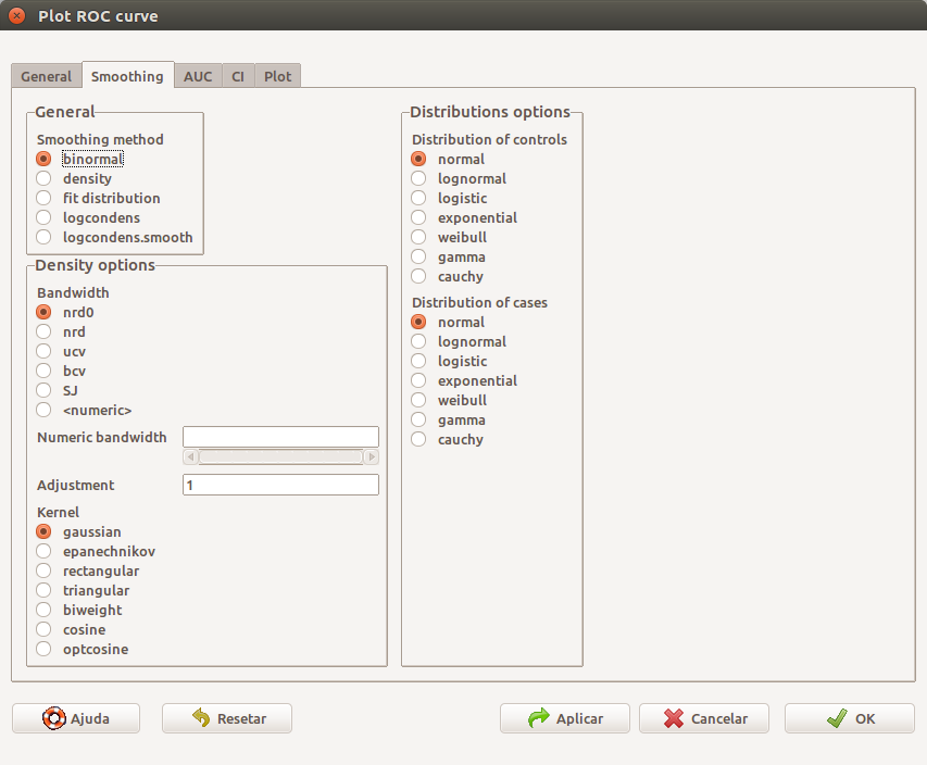  Diálogo para configurar a curva ROC: seleção de métodos para alisamento da curva. Não iremos mexer nestas configurações.
