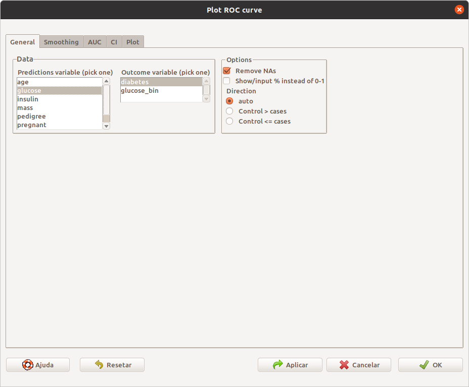 Diálogo para configurar a curva ROC: seleção das variáveis.