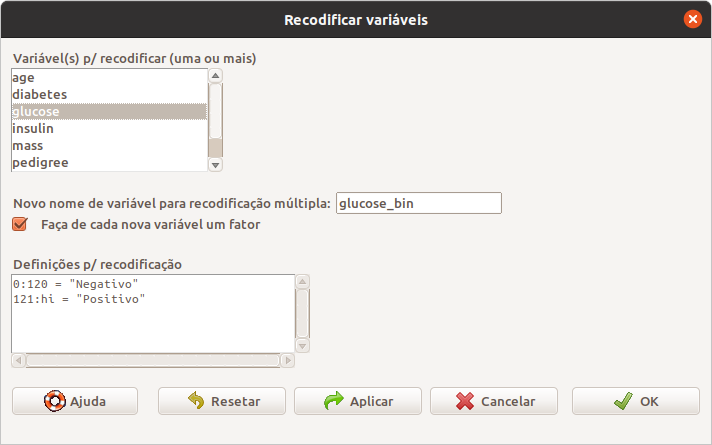 Configuração da tela do R Commander para transformar a variável glucose em uma variável dicotômica.