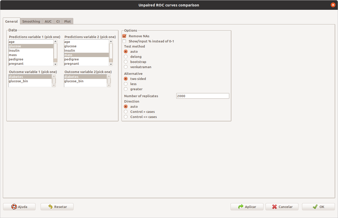 Configurações gerais para a construção de duas curvas ROC, relacionando duas variáveis numéricas com uma doença.