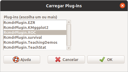 Seleção do plugin RcmdrPlugin.ROC para carregamento no R Commander.