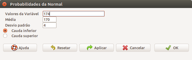 Caixa de diálogo para calcularmos a probabilidade P(X \(\le\) 174).