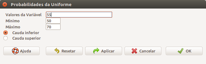 Caixa de diálogo para obtermos a probabilidade de selecionarmos aleatoriamente um valor entre 50 e 55 para a distribuição uniforme com mínimo = 50 e máximo = 70.
