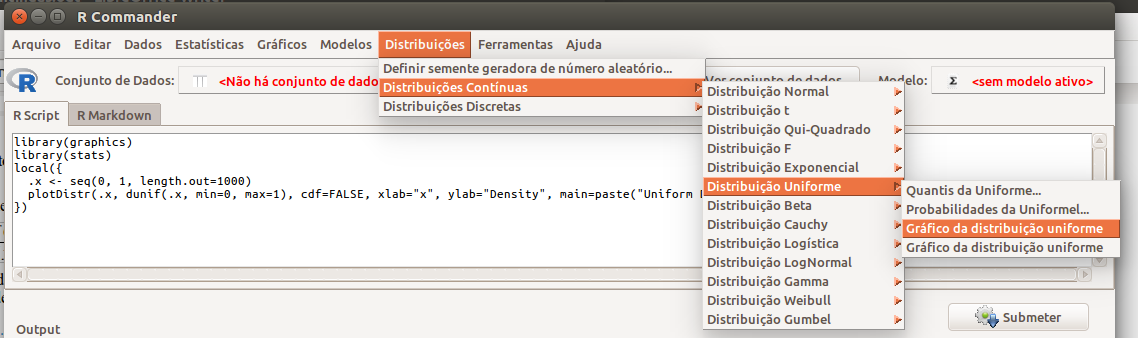 Interface do R Commander com os menus de acesso para configurar o gráfico de uma distribuição uniforme.