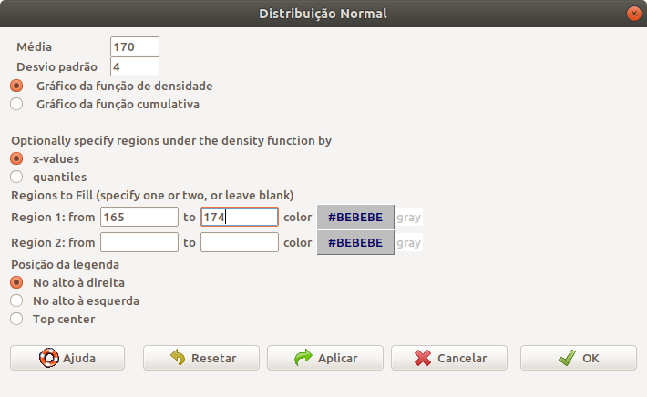 Caixa de diálogo para gerar um gráfico de uma distribuição normal. Especificando os limites de uma região, fará com que a área sob o gráfico entre esses limites seja preenchida.