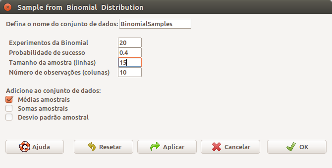 Diálogo do R Commander para gerar amostras de uma distribuição binomial.