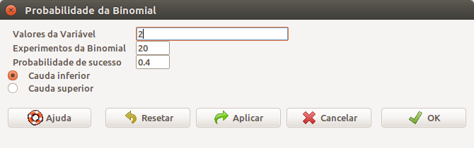 Diálogo do R Commander para obtermos as probabilidades das caudas de uma distribuição binomial. Ao selecionarmos a opção cauda inferior, vamos calcular a probabilidade acumulada para o valor especificado (ou valores especifidados) em Valores da Variável.