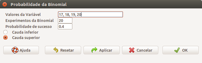 Diálogo do R Commander para obtermos as probabilidades das caudas de uma distribuição binomial. Ao selecionarmos a opção Cauda superior, vamos calcular a probabilidade de observarmos um número de sucessos acima do valor especificado (ou valores especificados) em Valores da Variável.